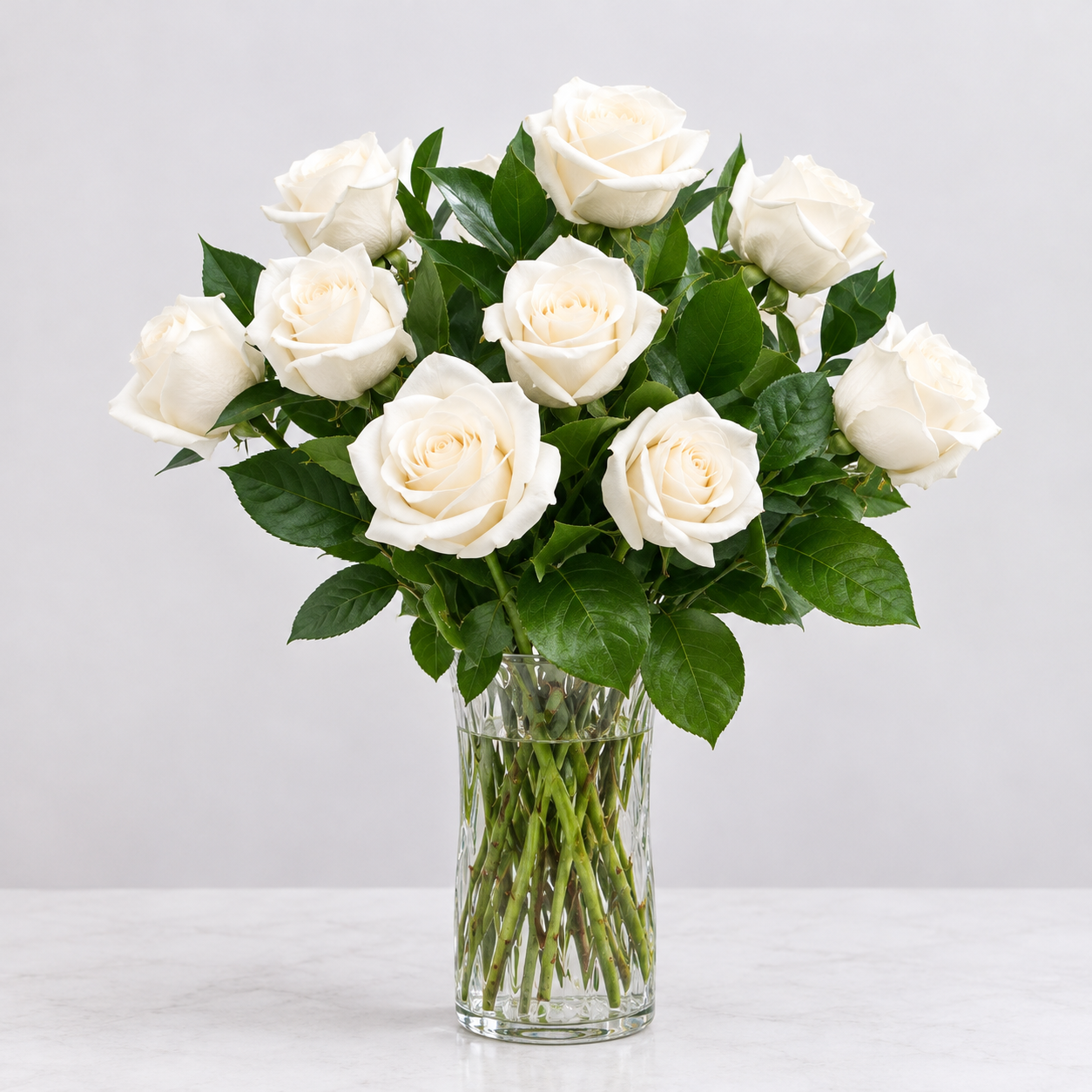 1 Dozen White Roses - Glass Vase