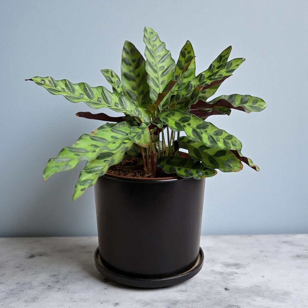 Rattlesnake Calathea plant with green patterned leaves in a black ceramic pot