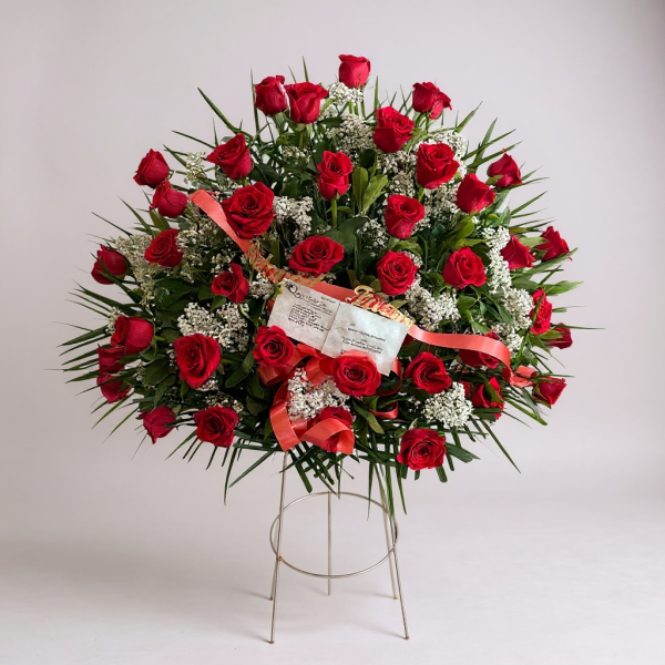 Funeral sympathy spray with red roses, baby’s breath, greenery, and red ribbon on easel