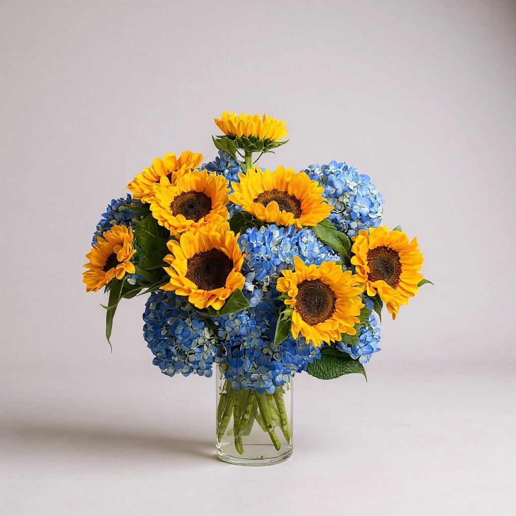 Vase arrangement of yellow sunflowers and blue hydrangeas in clear glass vase
