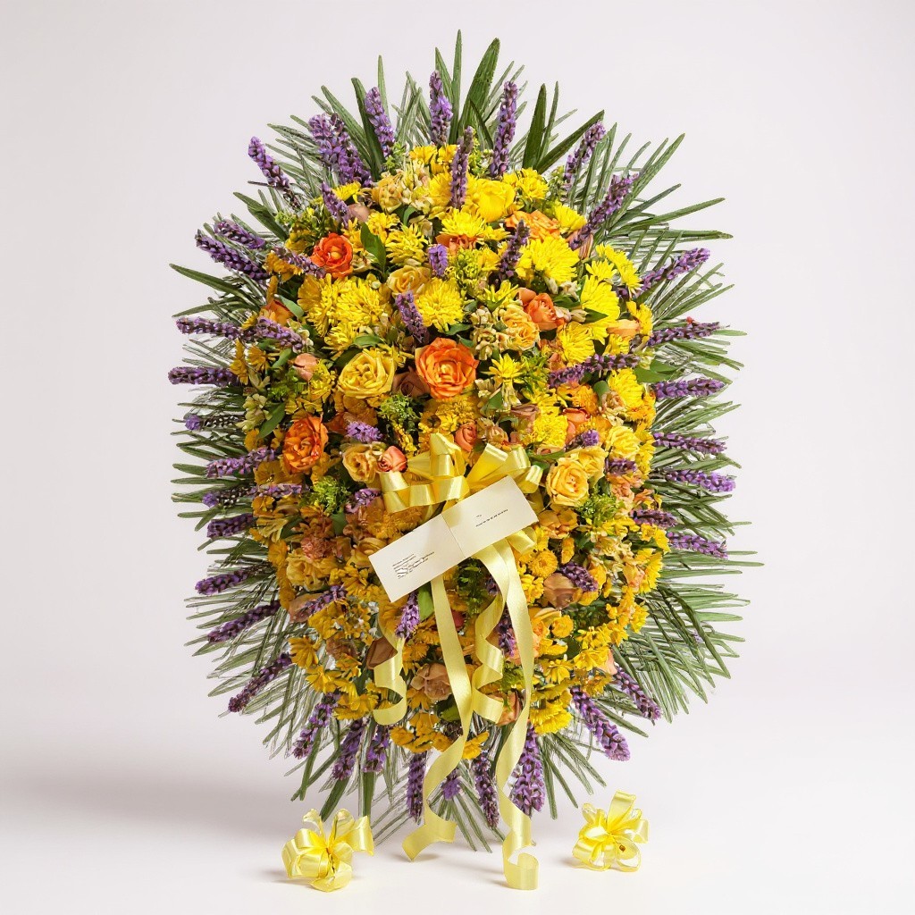 Funeral standing spray with yellow chrysanthemums, orange roses, purple accents, greenery, and yellow ribbon bow on easel