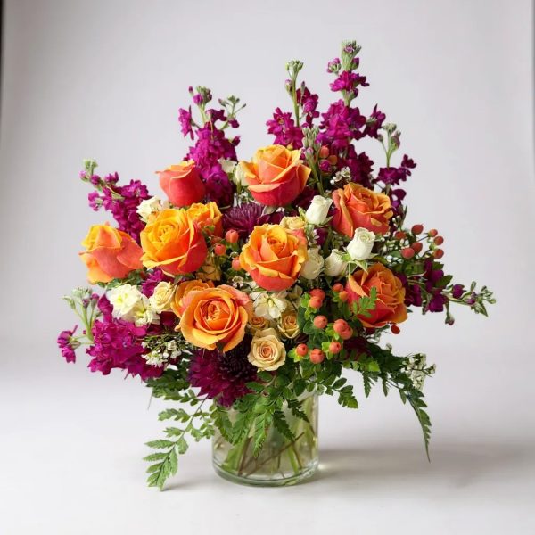 Orange Roses, Burgundy Mums & Snapdragons Arrangement – "Grand Sunset"