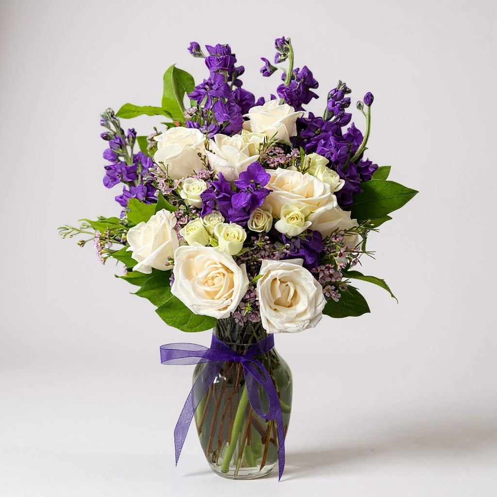 Midnight Garden bouquet with white roses and deep purple stock flowers in a clear glass vase tied with a sheer purple ribbon