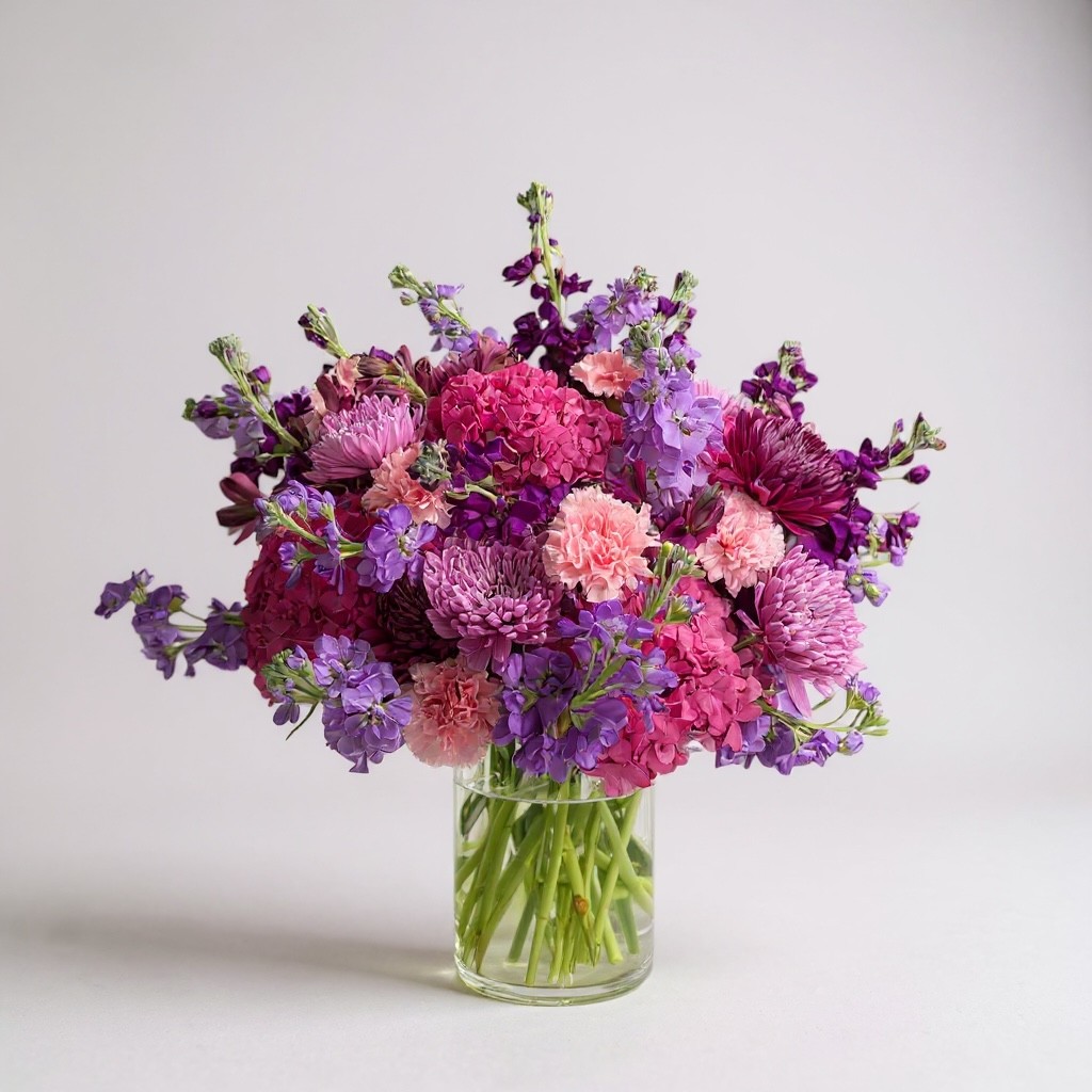 Purple and pink flower arrangement in clear glass vase with carnations, stock, mums, and hydrangeas