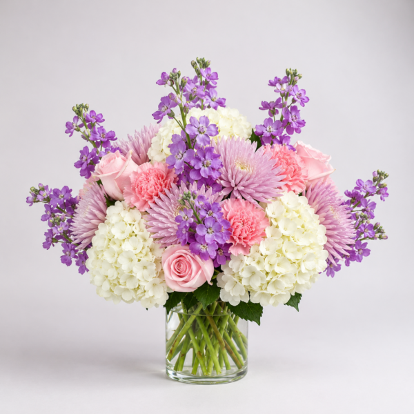 Purple Stock, Pink Carnations & Hydrangeas Arrangement – "Purple Berry Bloom"