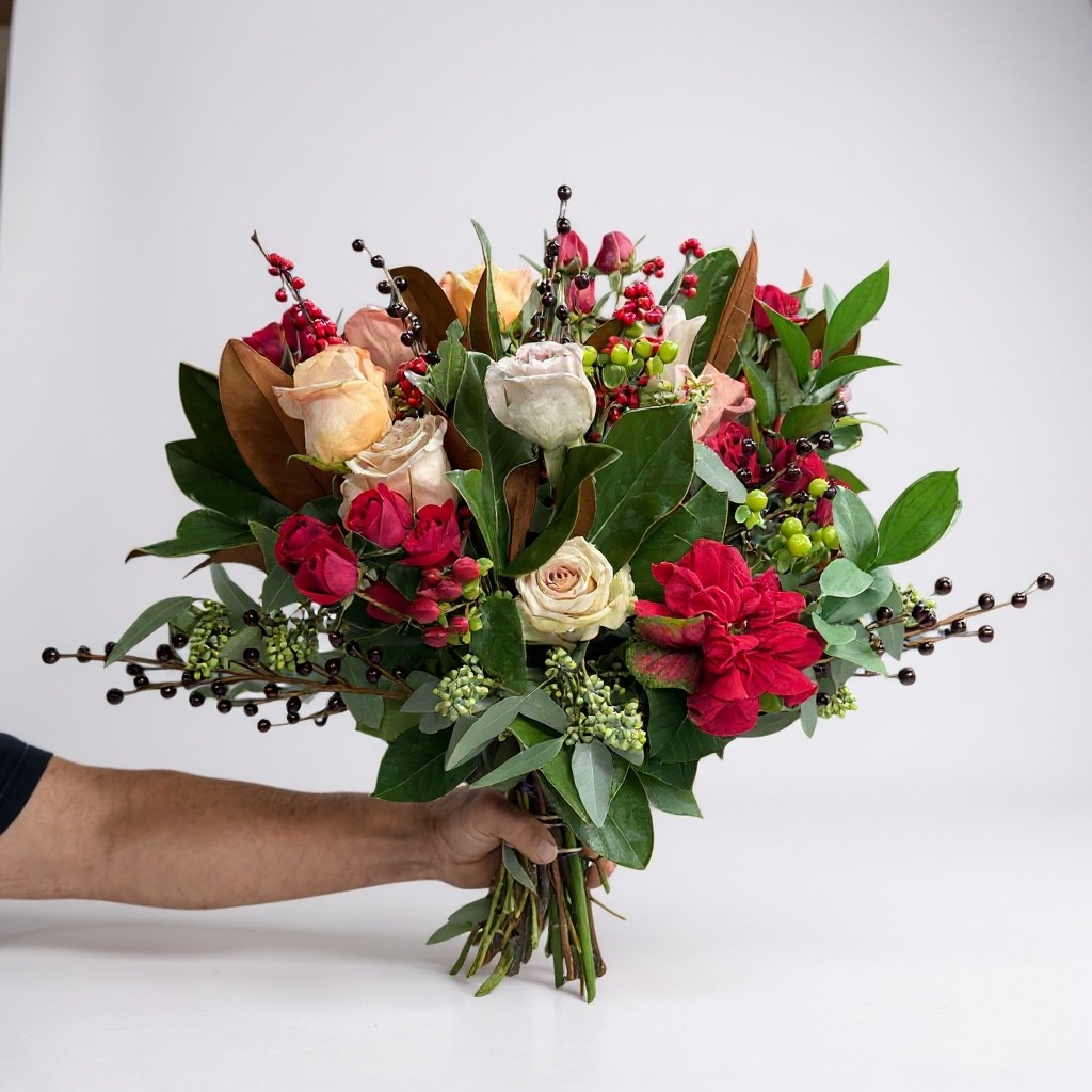 Hand-tied Christmas bouquet with red and blush roses, berries, and winter greenery