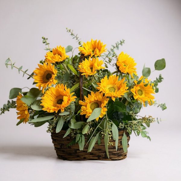 Basket arrangement of bright sunflowers with eucalyptus and fresh greenery.