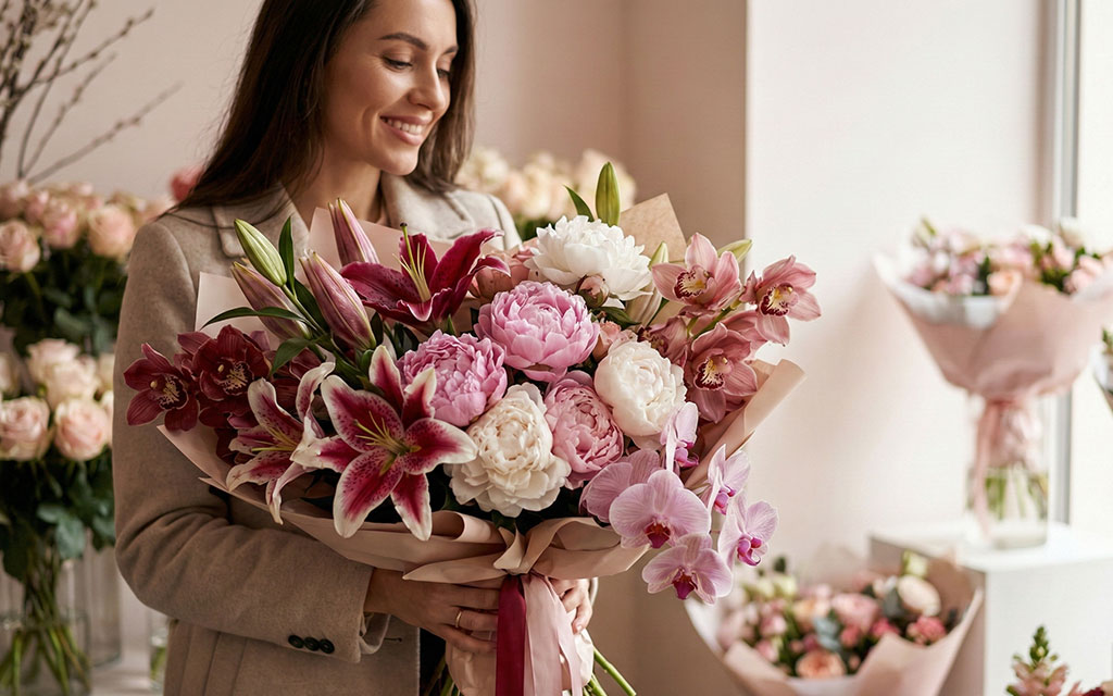 Hand-tied Valentine's Day bouquet with craft paper wrapping and natural twine