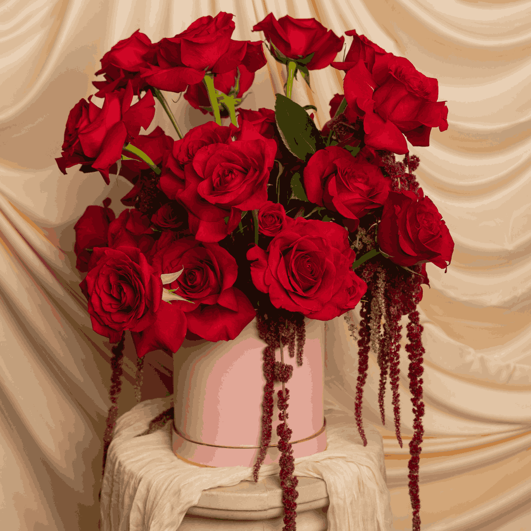 Classic red roses arrangement in pink box luxury flowers by Quinn Florist Astoria