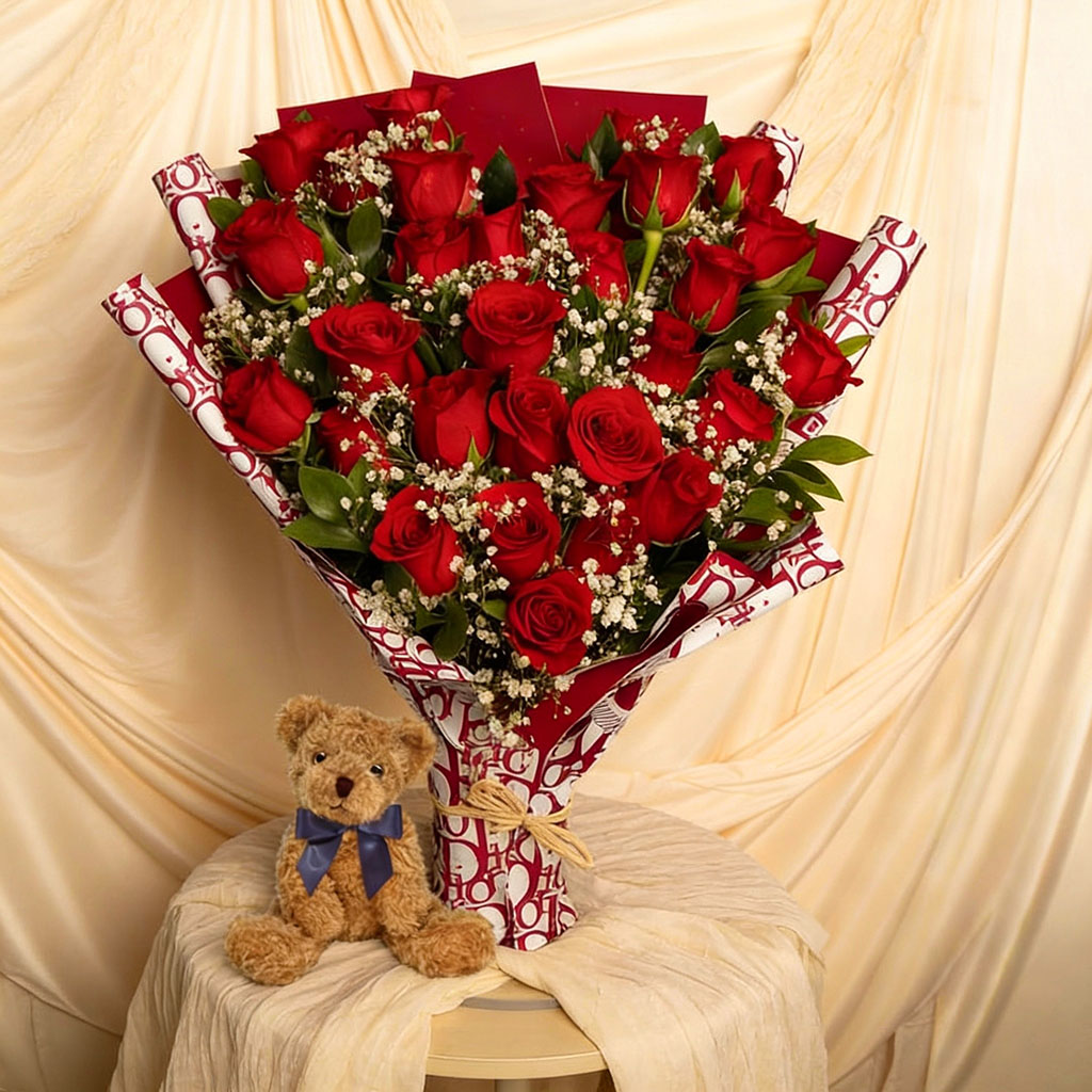 Dozen Red Roses Bouquet with Teddy Bear - Quinnflorist