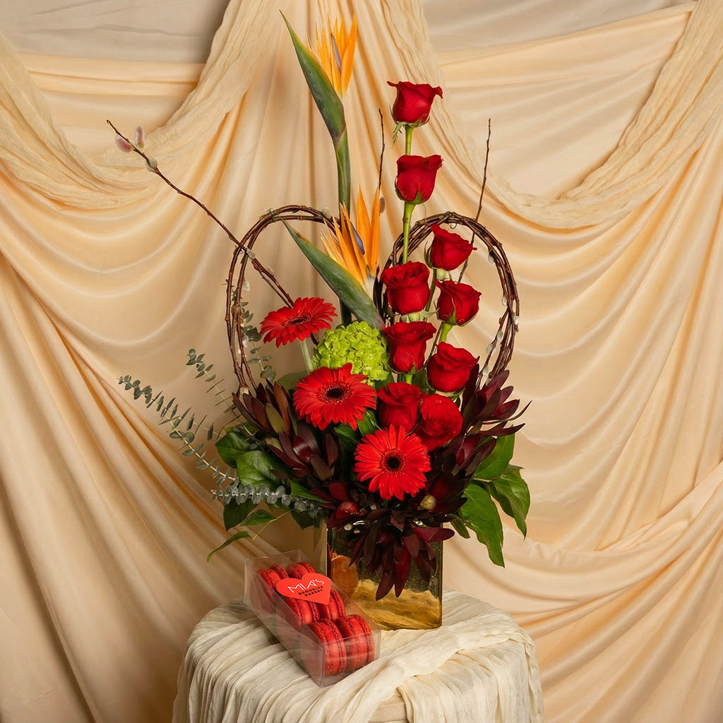 Red Roses & Birds of Paradise Arrangement – "Passion Bloom"