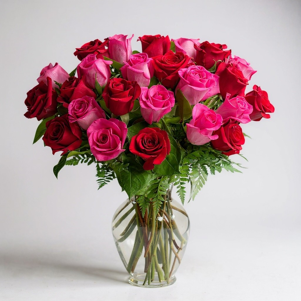 Red and pink rose arrangement in clear glass vase