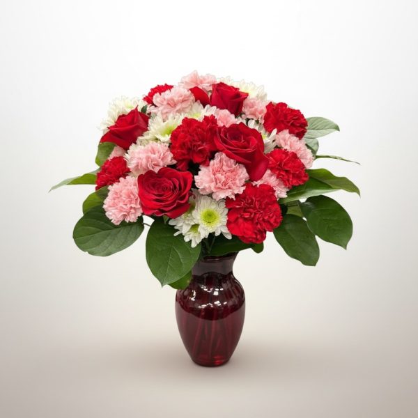 Mixed flower arrangement with red roses, pink carnations, white daisies, and green foliage arranged in a dark red glass vase.