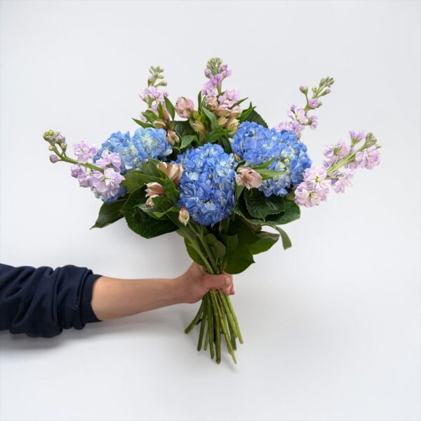 Blue hydrangea bouquet with lavender stock, blush alstroemeria, and fresh greenery hand-tied by Quinn Florist