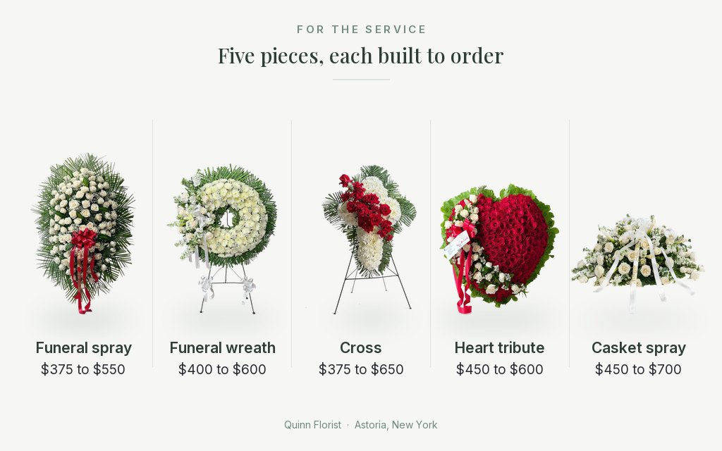 Funeral spray, wreath, cross, heart tribute and casket spray from Quinn Florist, priced $375 to $700