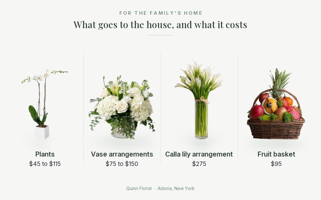 Sympathy flowers for the home: orchid plant, white vase arrangement, calla lilies and fruit basket, $45 to $275