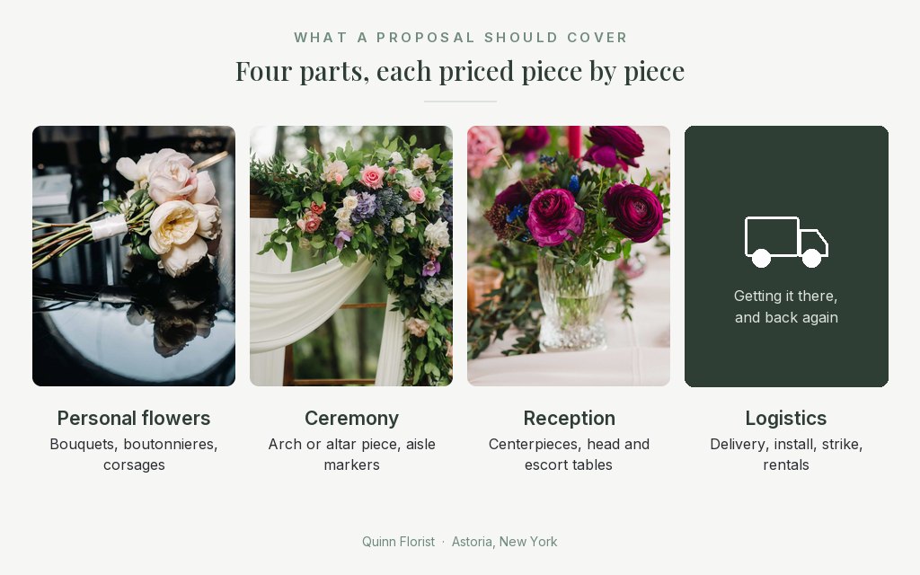 What a wedding flower proposal should cover Four parts of a wedding flower proposal: personal flowers, a ceremony arch, reception centerpieces and logistics