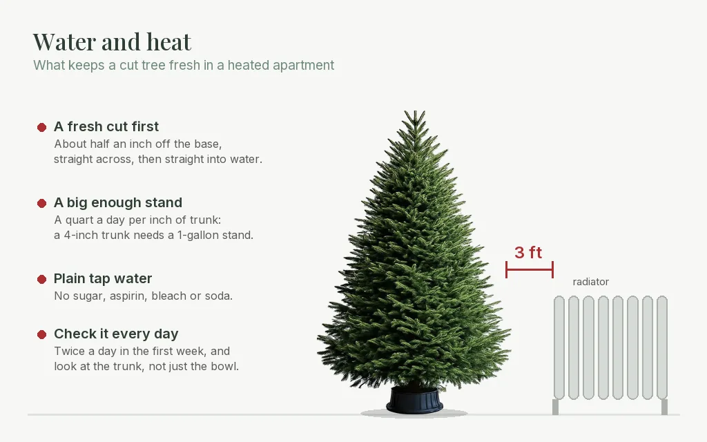 Fraser fir in its stand three feet from a radiator, with notes on the fresh cut, stand size and daily watering
