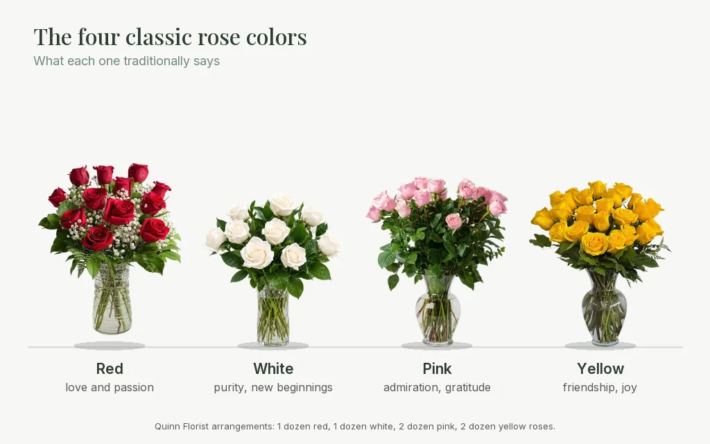 Red, white, pink and yellow rose arrangements in glass vases, labeled with what each rose color traditionally means